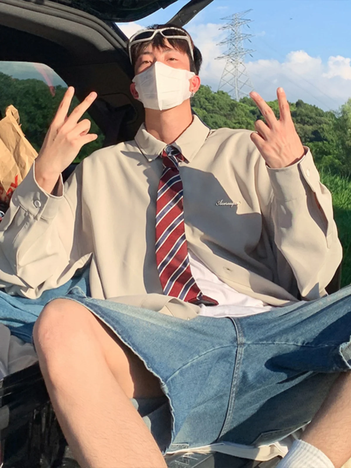 

American Sle Long Sve irt for Men Vintage High End Feeling Sunlit Clean Boy's Clothing Couple's Faion Autumn Wear