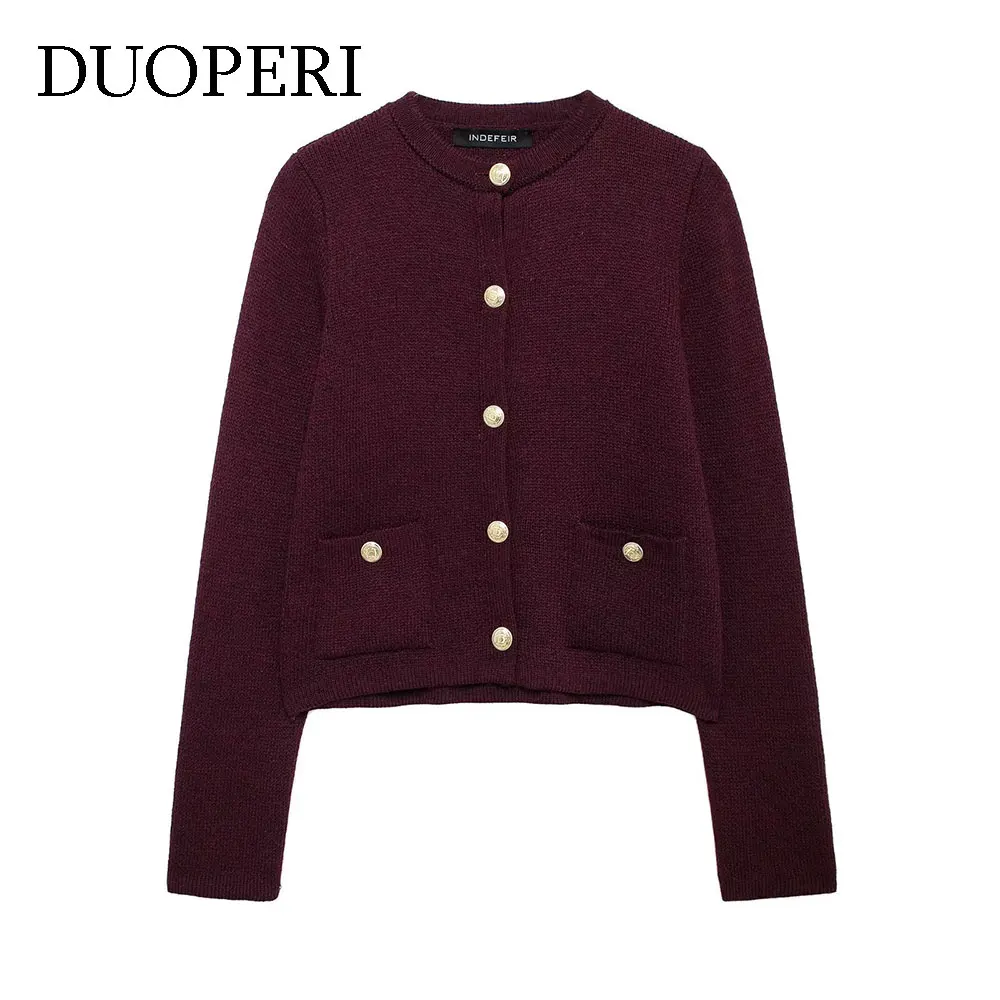 

DUOPERI Women Cardigan Fashion Solid Knitted Sweater O-Neck Long Sleeves Casual Female Elegance Chic Lady Outfits