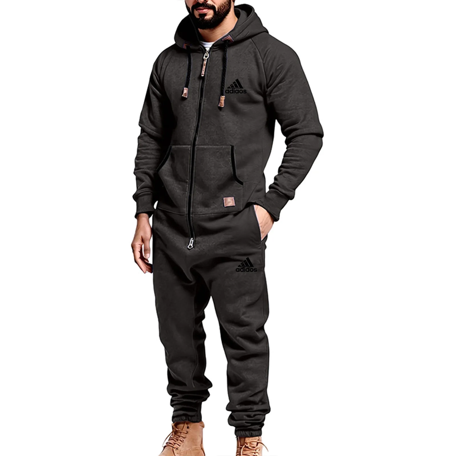 

Мужской костюм в полный рост с капюшоном и карманами, качественный, удобный, уличный и модный повседневный комплект на осень и зиму.