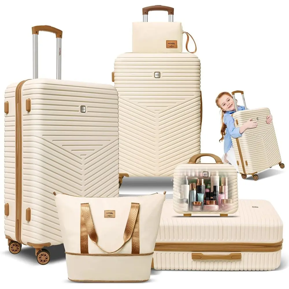 

6 Piece Spinner Luggage Set with TSA Lock - 4-Year Warranty, ABS+PC Hard Shell Suitcases (13in/20in/24in/28in/DB/TB, Beige)