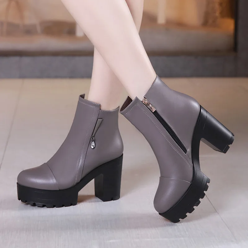 High quality short ankle leather boots for women 10cm high heel platform new 2024 autumn winter 32 33 elegant shoe black grey