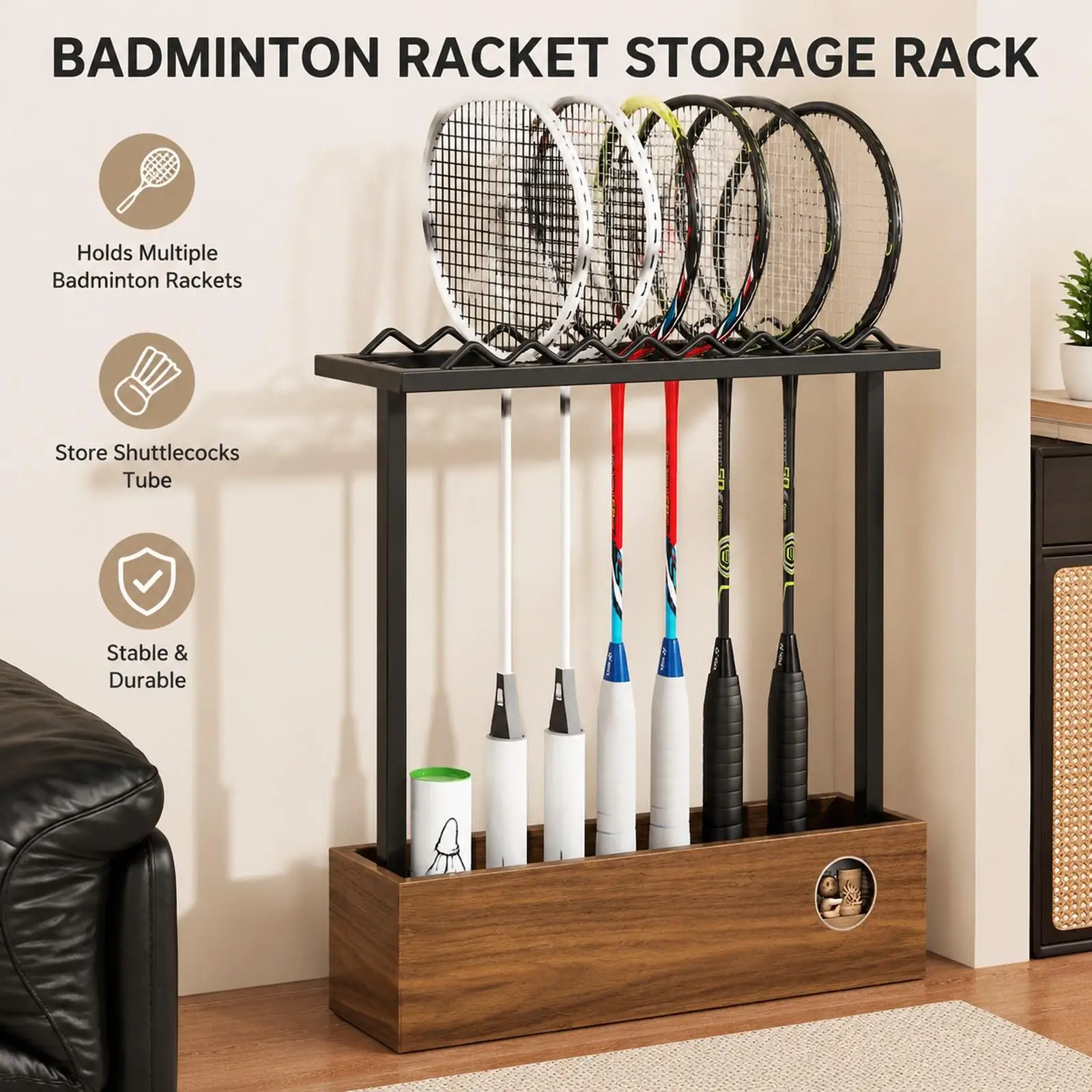 support-de-rangement-pour-raquettes-de-badminton-et-de-tennis-en-fer-et-bois-optimisant-l'espace-ideal-pour-garage-et-salle-de-sport