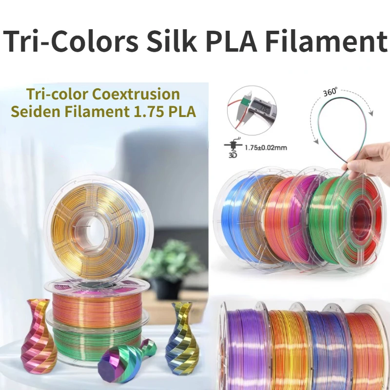 PLA Filament 1.75mm,Tri-Colors Silk 3D Printer Filament Tri-Color Silk PLA Filament 3D Printing Coextrusion Filament,1kg/2.2lbs