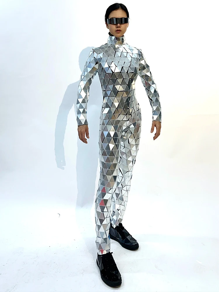 Traje de escenario con espejo plateado, mono futurista de manga larga, traje de actuación de Gogo Showgirl, ropa Rave para Festival de Carnaval VDL3796