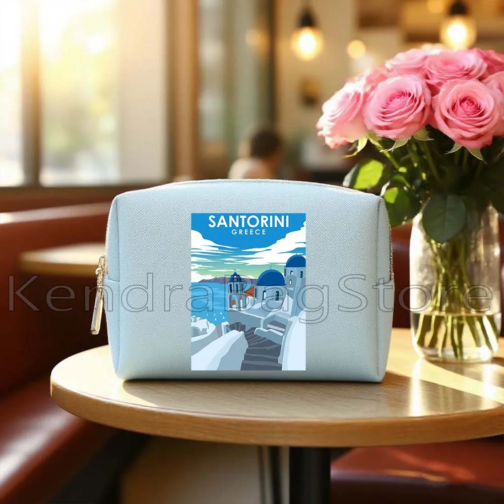 Santorini Greece Tokyo Kyiv Milan Italy Rio De Janeiro San Diego Blue PU Leather Cosmetic Bags Makeup Waterproof Storage Bags