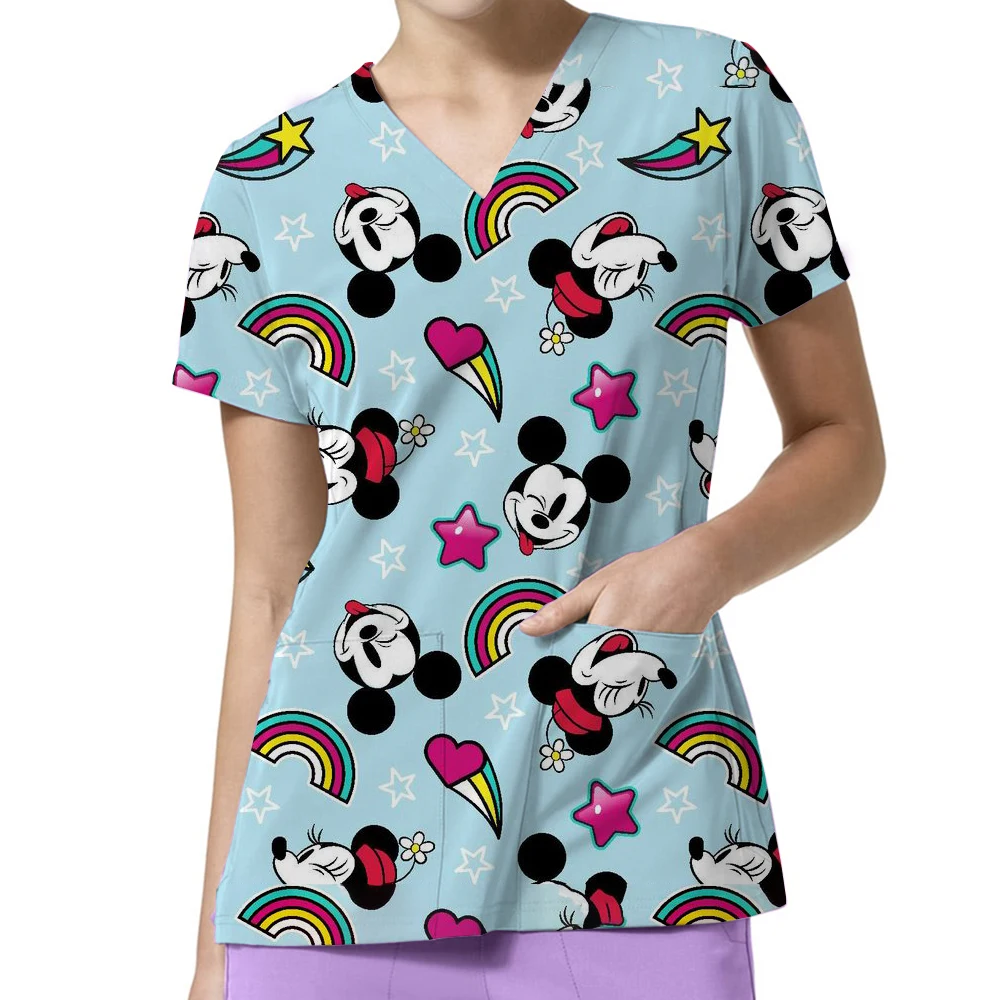 

T-shirts Disney Tops Pocket Summer Woman Clothes Hospital Shirt Minnie Mouse T-shirt Mickey Top Women 2025 V Neck Nurse Uniform