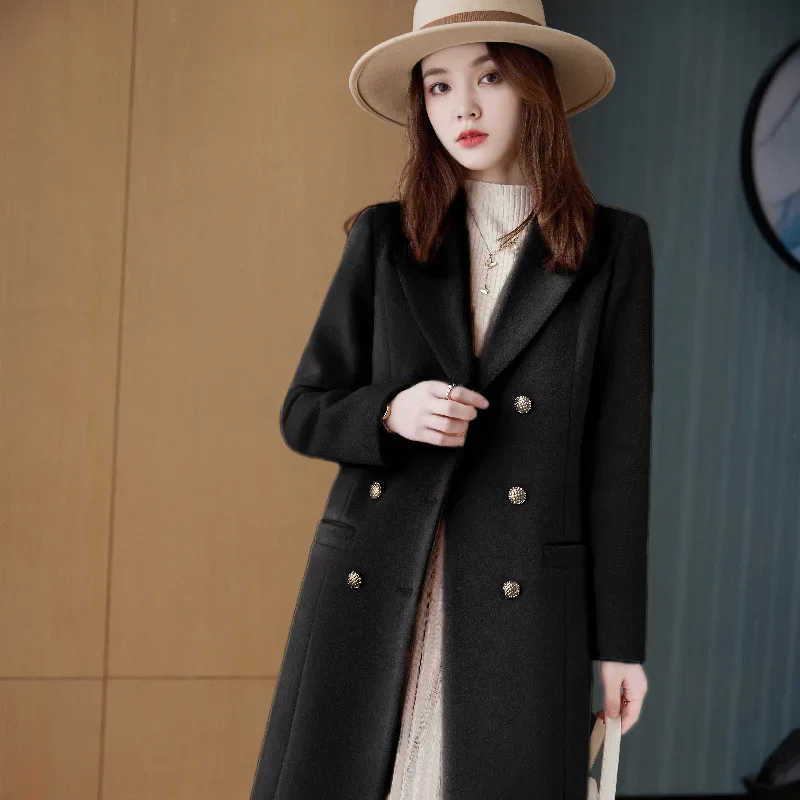 2023 Winter Simple Women Woolen Coat V-Neck Belt Long-Sleeved Coat Autumn and Winter New Solid Color Women's Overcoat