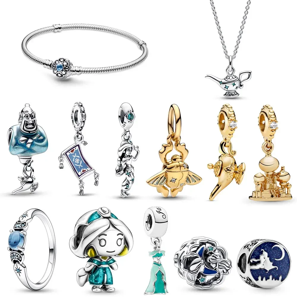 MINISO 925 sterling silver Aladdin Jasmine Princess pendant suitable for original Pandor women Disney beads love jewelry