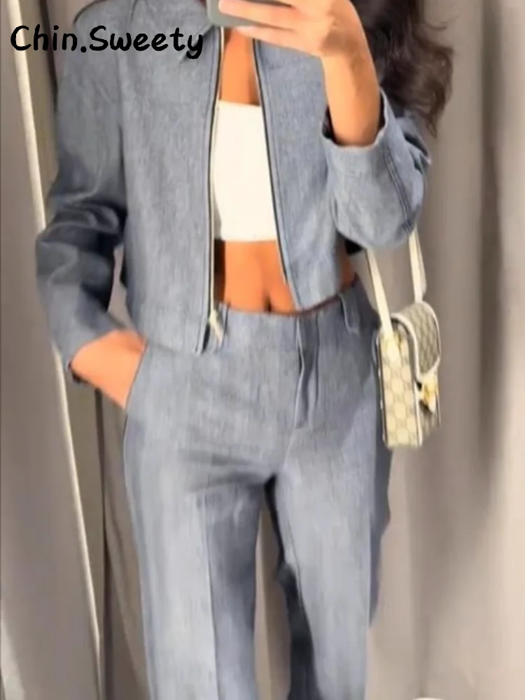 

Шикарная женская укороченная куртка из саржи, комплект брюк с лацканами и длинными рукавами, пальто на молнии, карманы, прямые брюки с низкой талией, осенние женские комплекты 2023 г.