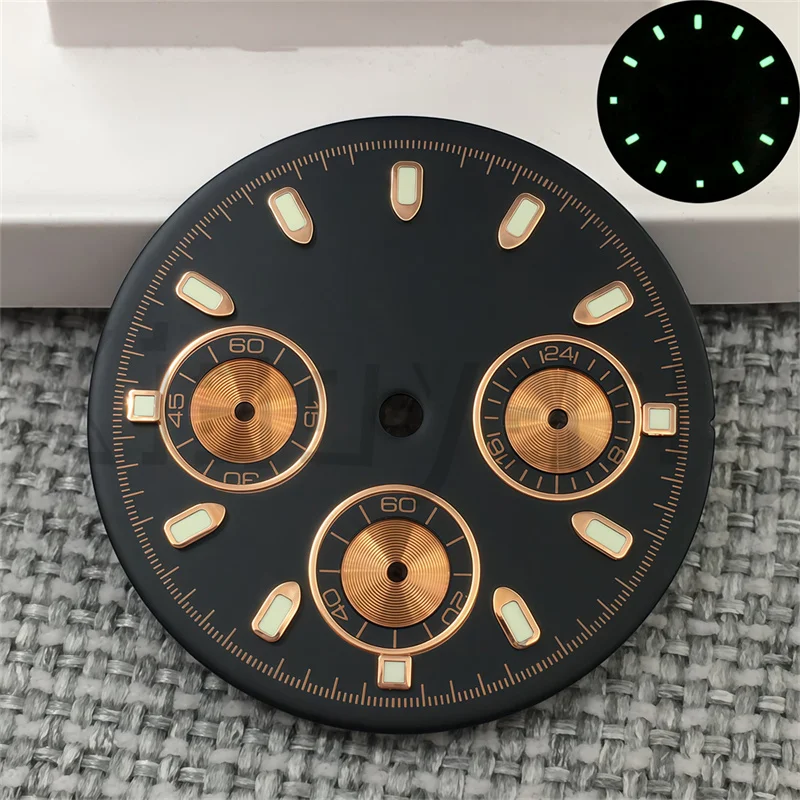 High Quality 30mm VK63  Watch Dials Black Rose Ice Blue Dial Green Luminous Fits for VK63 Movement Men's Watch Accessories Parts view 3