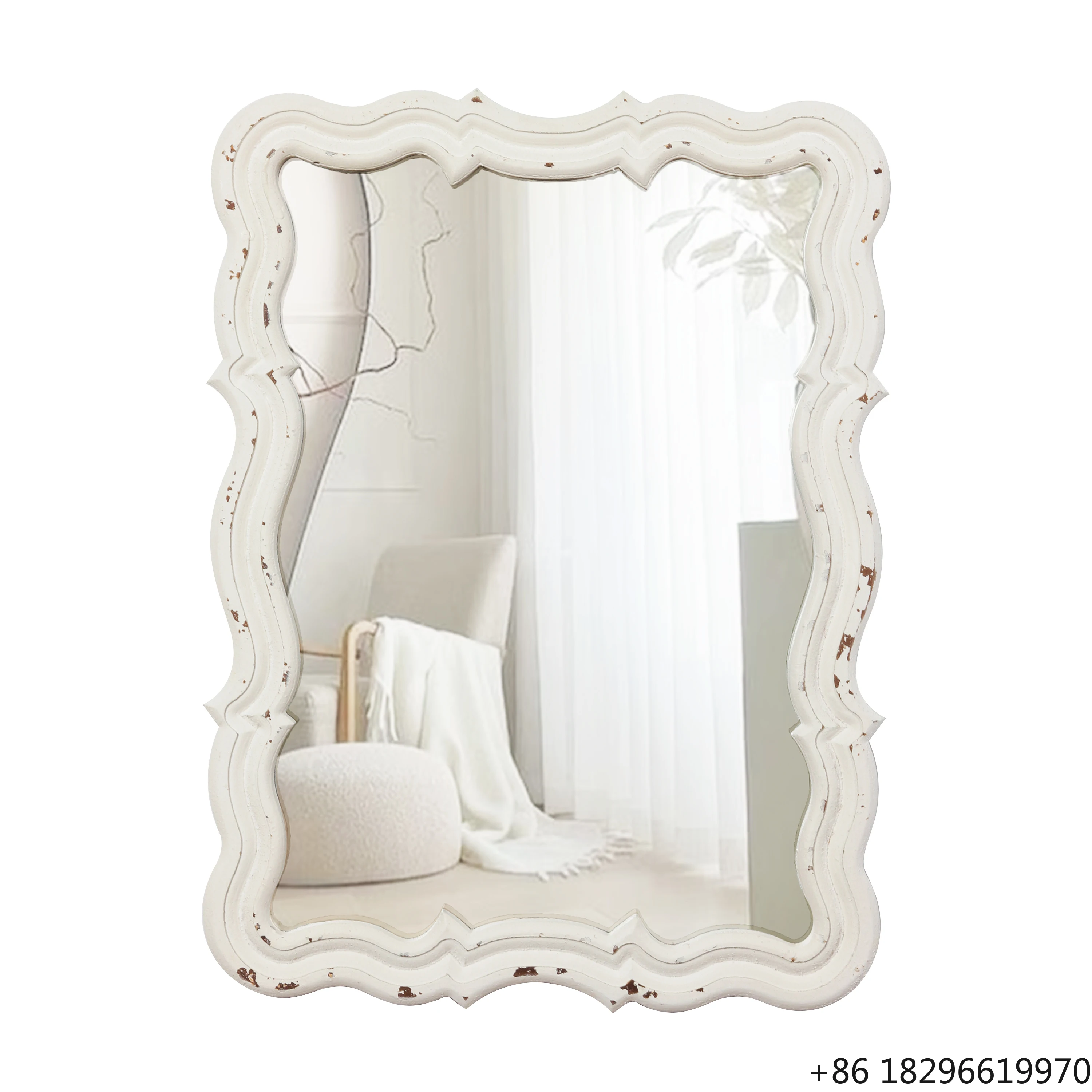 Retro White Wavy Irregular Wooden Wall Mirror Luxury Bedroom Decor Rustic Farmhouse Style Home Mirror
