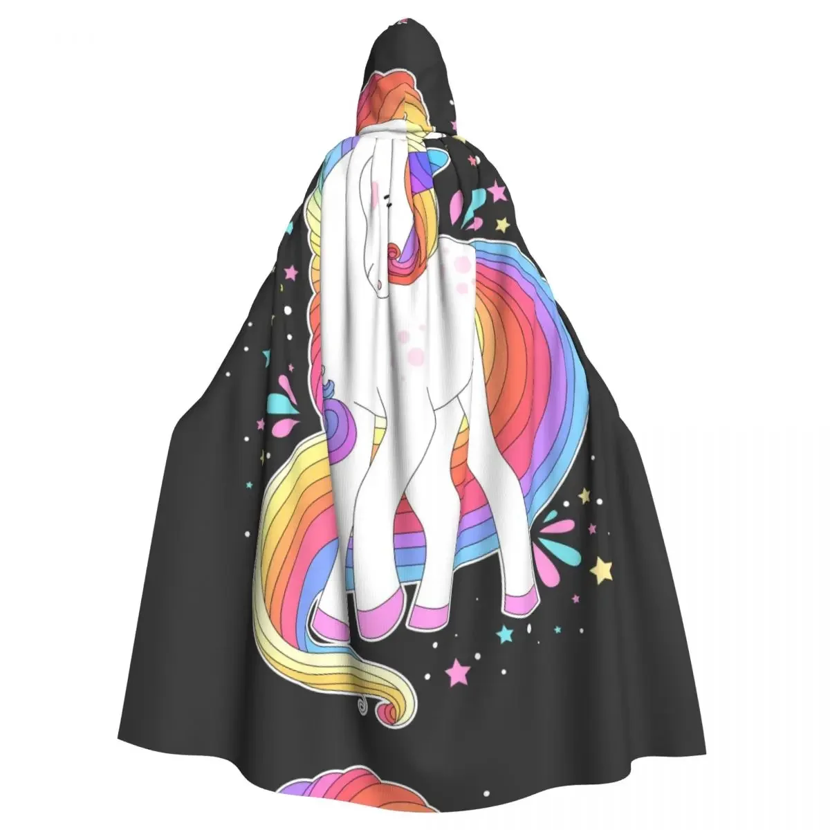 White Unicorn With Rainbow Hair And Stars Hooded  Polyester Unisex Witch Cape Costume Accessory