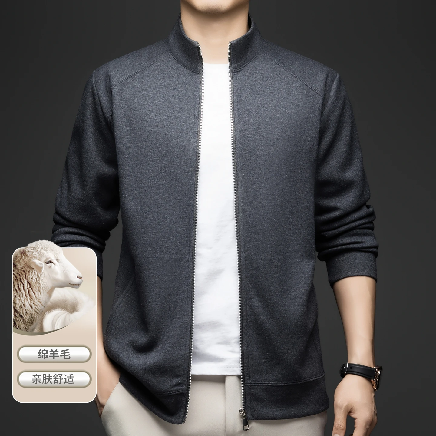 Spring and Autumn Wool Fashionable and Stylish Stand-Up Collar Coat for Men, Pure Color, High-Quality, Medium-Length, Mid-Aged J