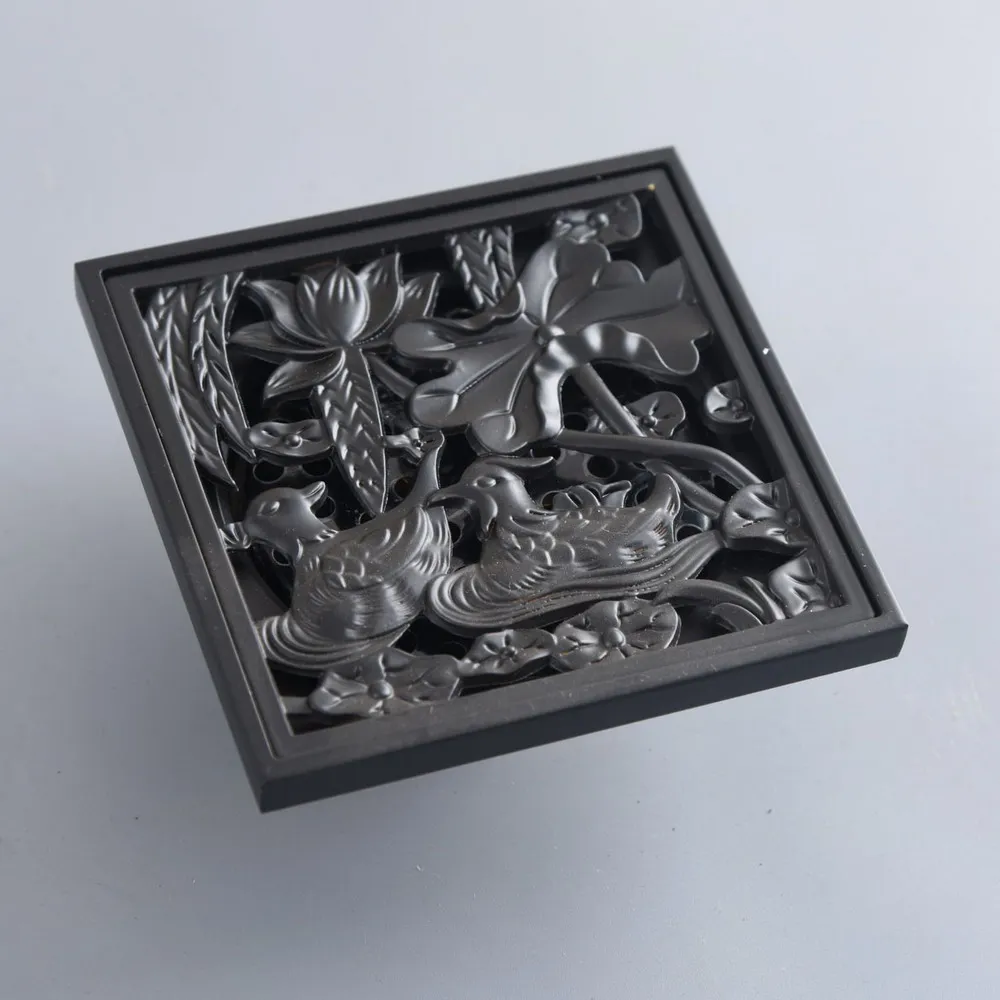 10*10cm Square Shower Drains Oil Rubbed Bronze Art Carved Bathroom Floor Drain Waste Grate Drain thr163