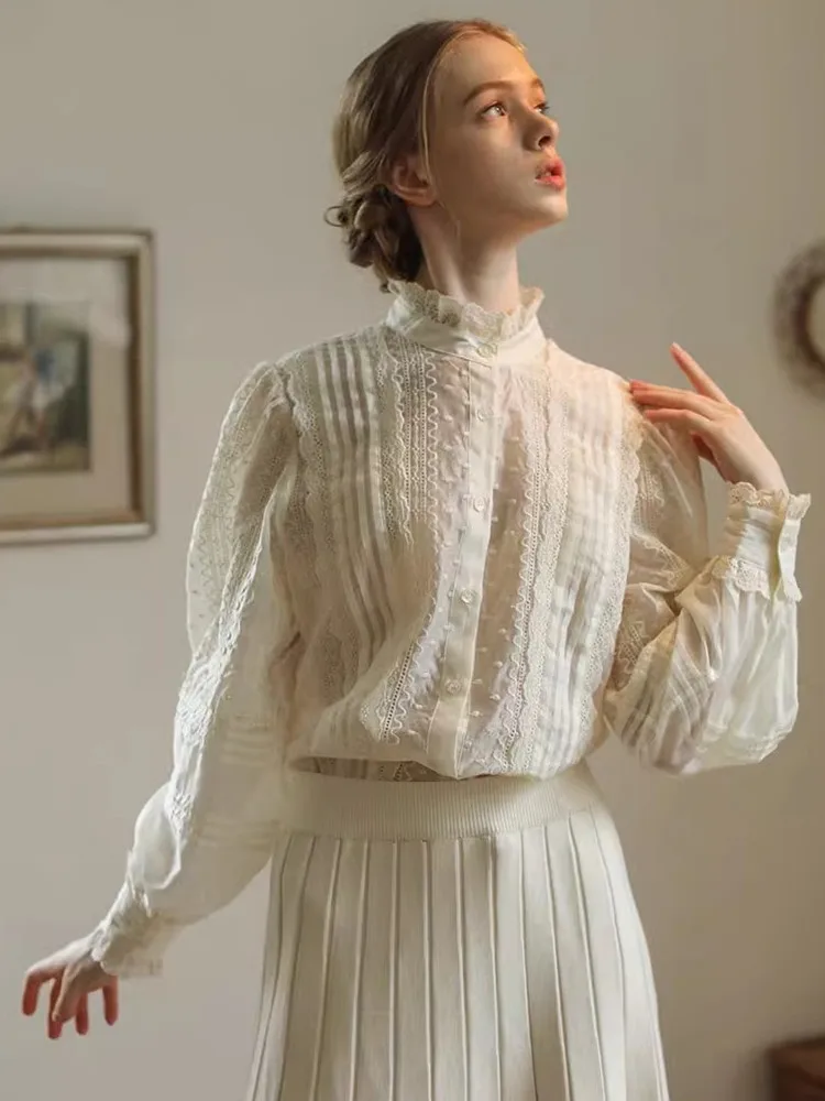 AIGYPTOS Spring Fall Long Sleeve Shirts Women Elegant French Stand Collar Lace Shirts Embroidered All-Match Loose Shirts/Blouses