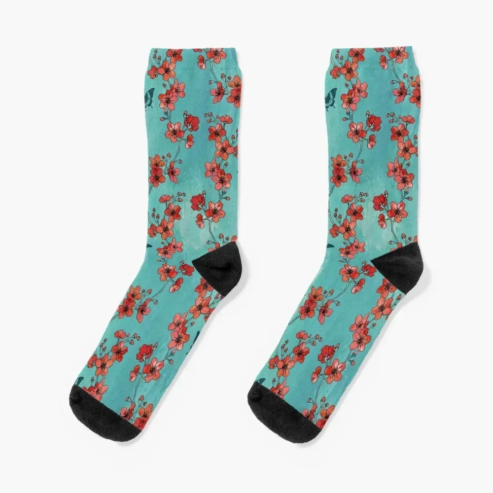 Sakura butterflies in turquoise Socks summer halloween hiking Socks Ladies Men's