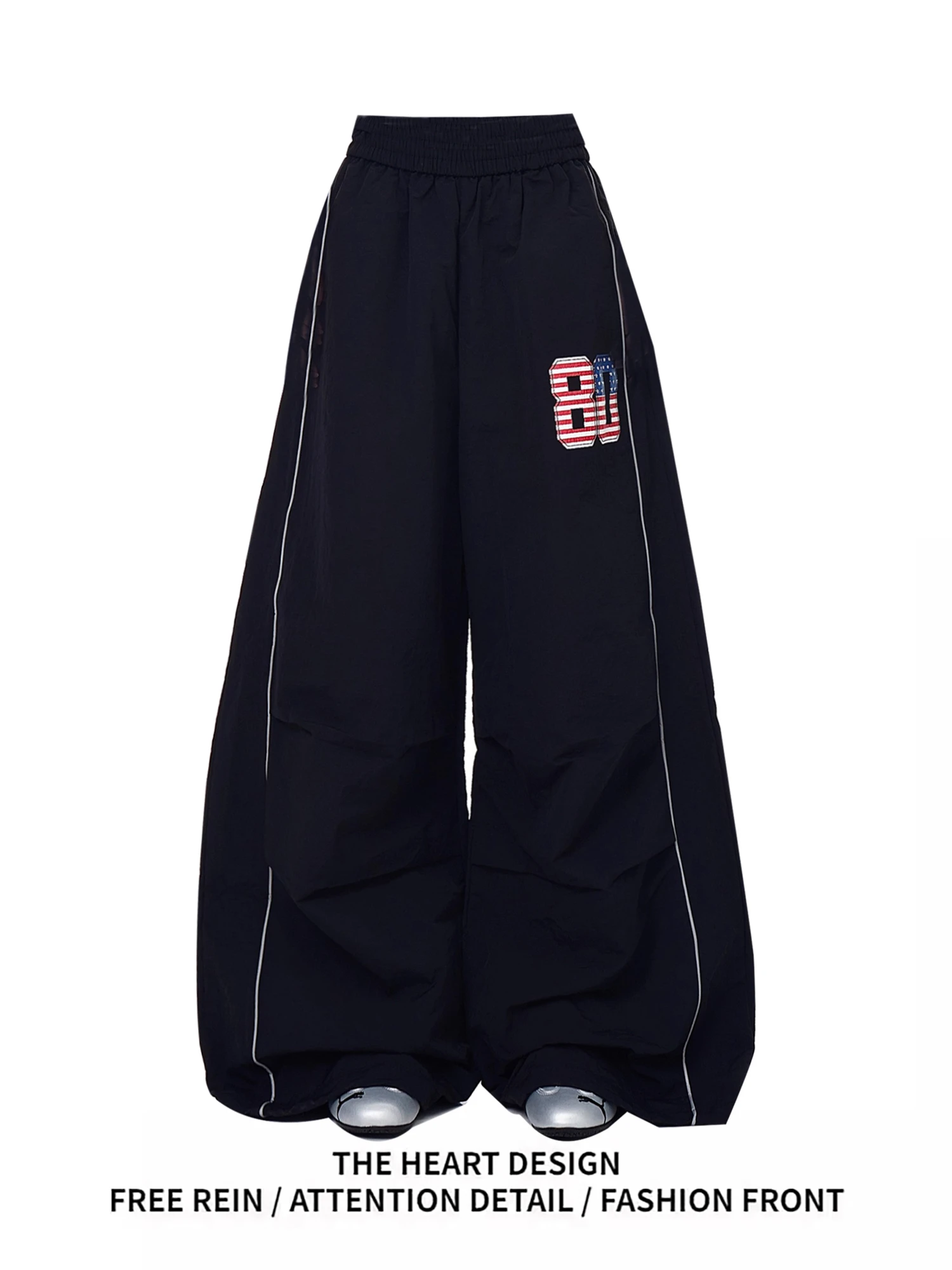 

Y2K Women's Black Wide Leg Pants New Fashion American "80" Embroidery Side Striped High Waist Loose Casual Streetwear Trousers