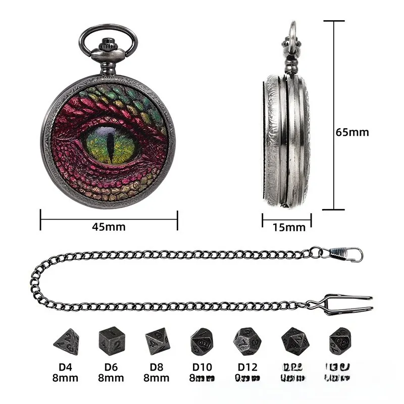 7Pc Vintage Dragon Eye Pocket Watch Dice Container Openable Lid Watch Shell Frame Zinc Alloy TTRPG Tabletop Polyhedral Dice Gift