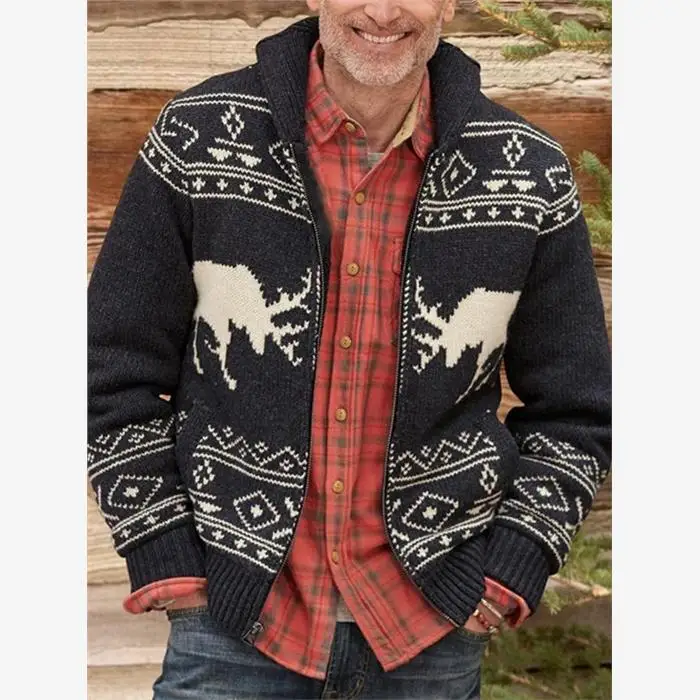 

Men's Knitted Long Sve Sweater Autumn Season Deer Pattern Embroidery Large Size Zipper Knitwear Casual Sle Youth Faion