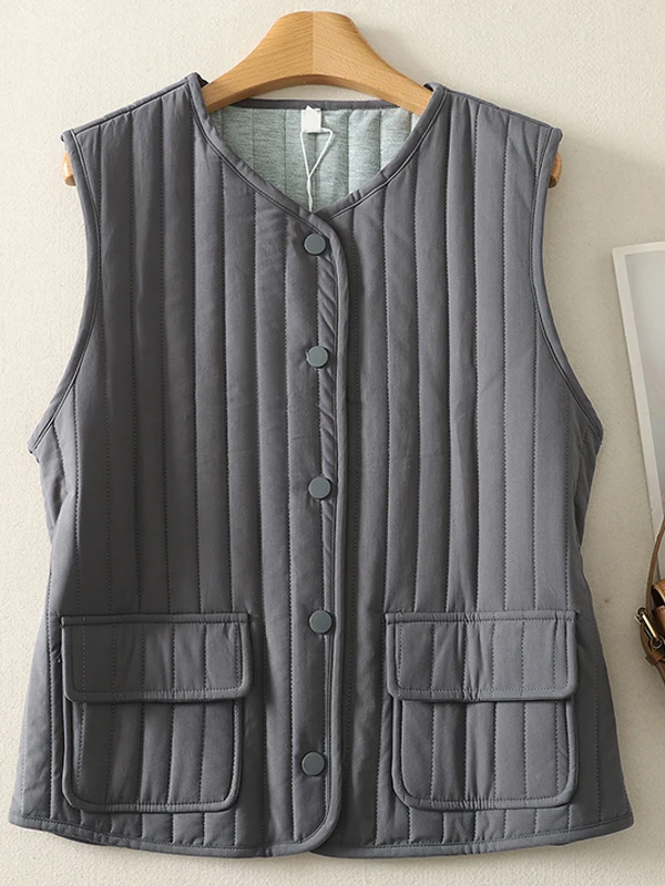 Casual Cotton Vest Women's round Neck Sleeveless Warmth Inner Wear Striped Button up Jacket for Autumn Winter Leisure Style