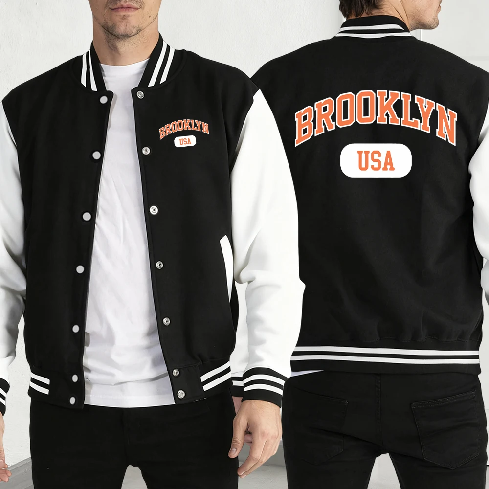 

Brooklyn Usa Art Word Print Baseball Jersey Men Fashion Fleece Clothing Casual Pocket Jacket Autumn Street Hip Hop Jackets