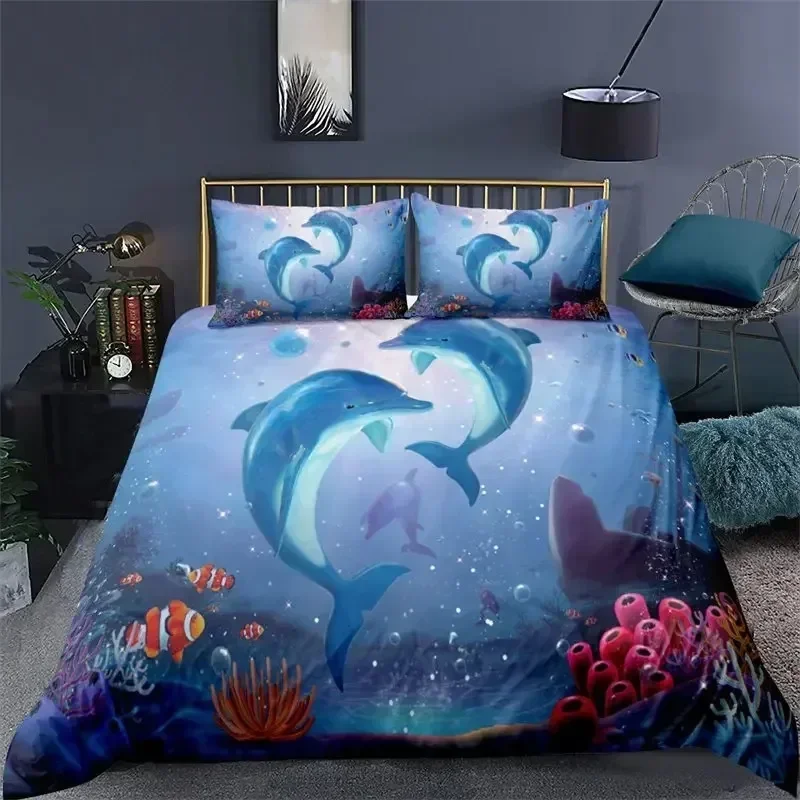 

Top Ocean Dolphin Bedding Set Boho Style Marine Themed Duvet Cover Microfiber Sea Creatures Quilt Cover Bedroom Decor