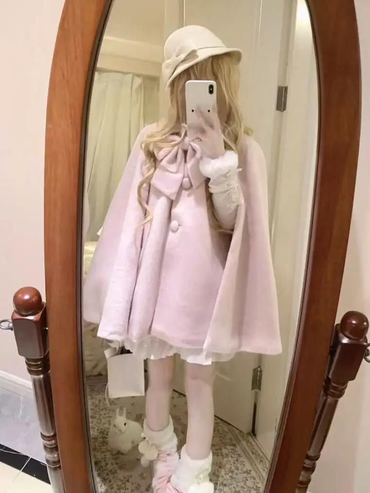 

Pink Cape Coat Sweet Bow Tie Woolen Coat Chaqueta Mujer Wrap Quilted Outerwear Women Jacket New Winter Overcoat