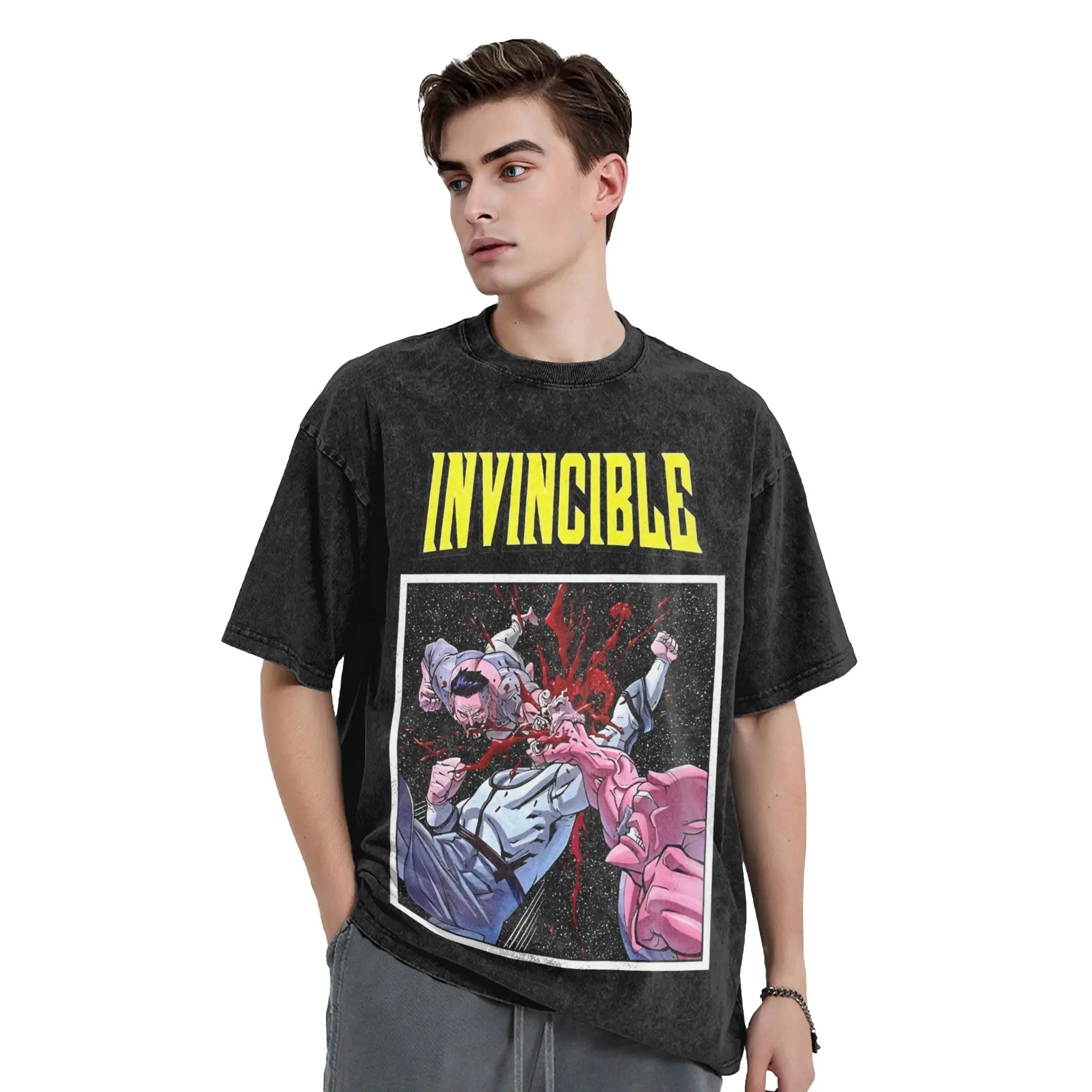 Invincible Allen The Alien And Omni Man Vintage Washed T-Shirts 100% Cotton Tees O Neck Short Sleeve T Shirts