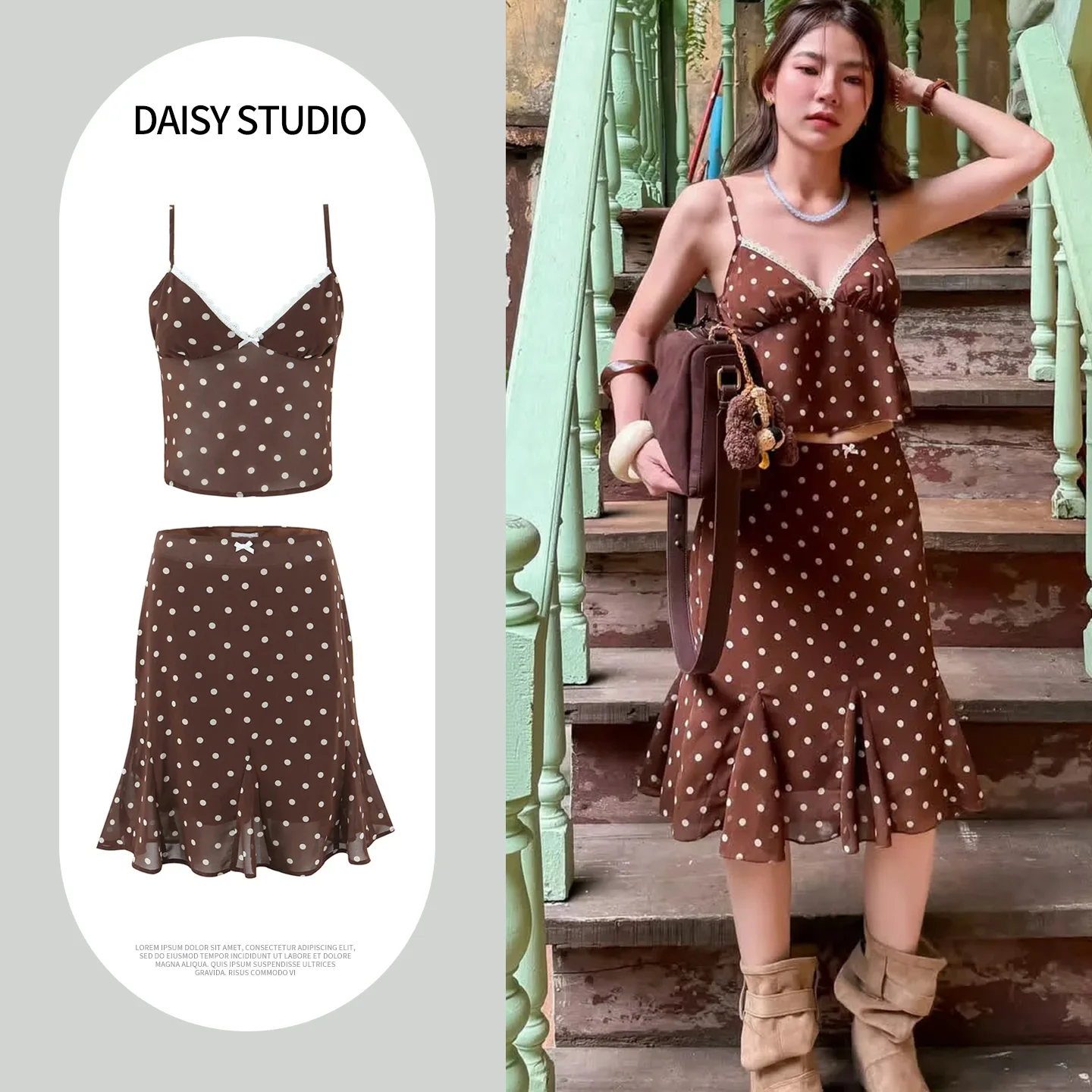 

V-Neck Sleeveless Color Block Lace Trim Polka Dot Halter Top Midi Skirt Set Women's Fashion Spring Collection High Waist