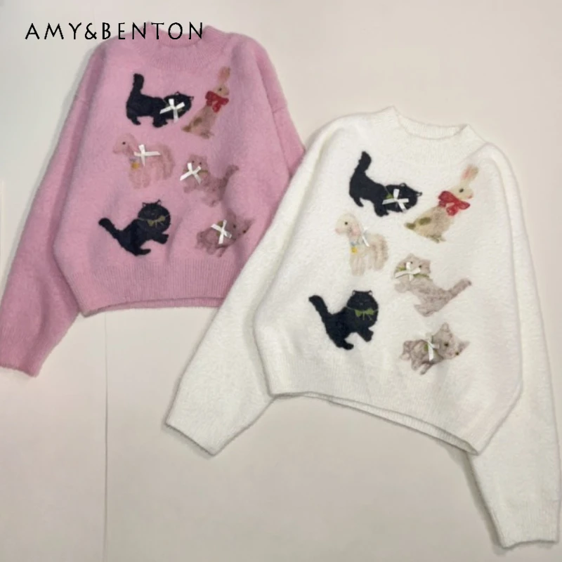 2024 Autumn New Fashion Top Coat Three-dimensional Bow Cartoon Cat Printing and Dyeing Soft Comfortable Pullover Knitted Sweater