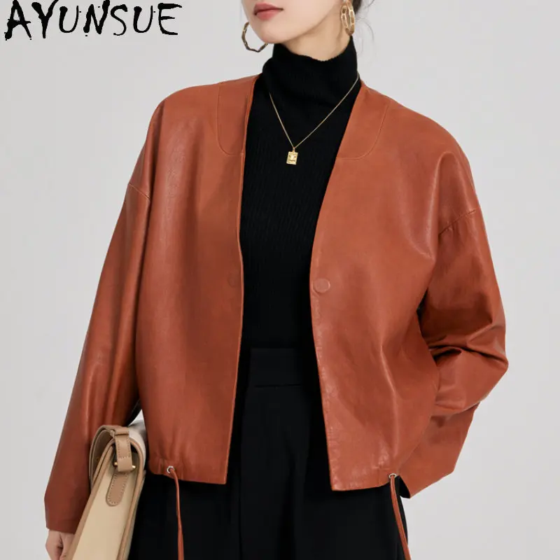 AYUNSUE Genuine Leather Jacket Women 2023 Short Loose Leather Jackets Real Sheepskin Coat V-neck Leather Coats Lace-up Elegant