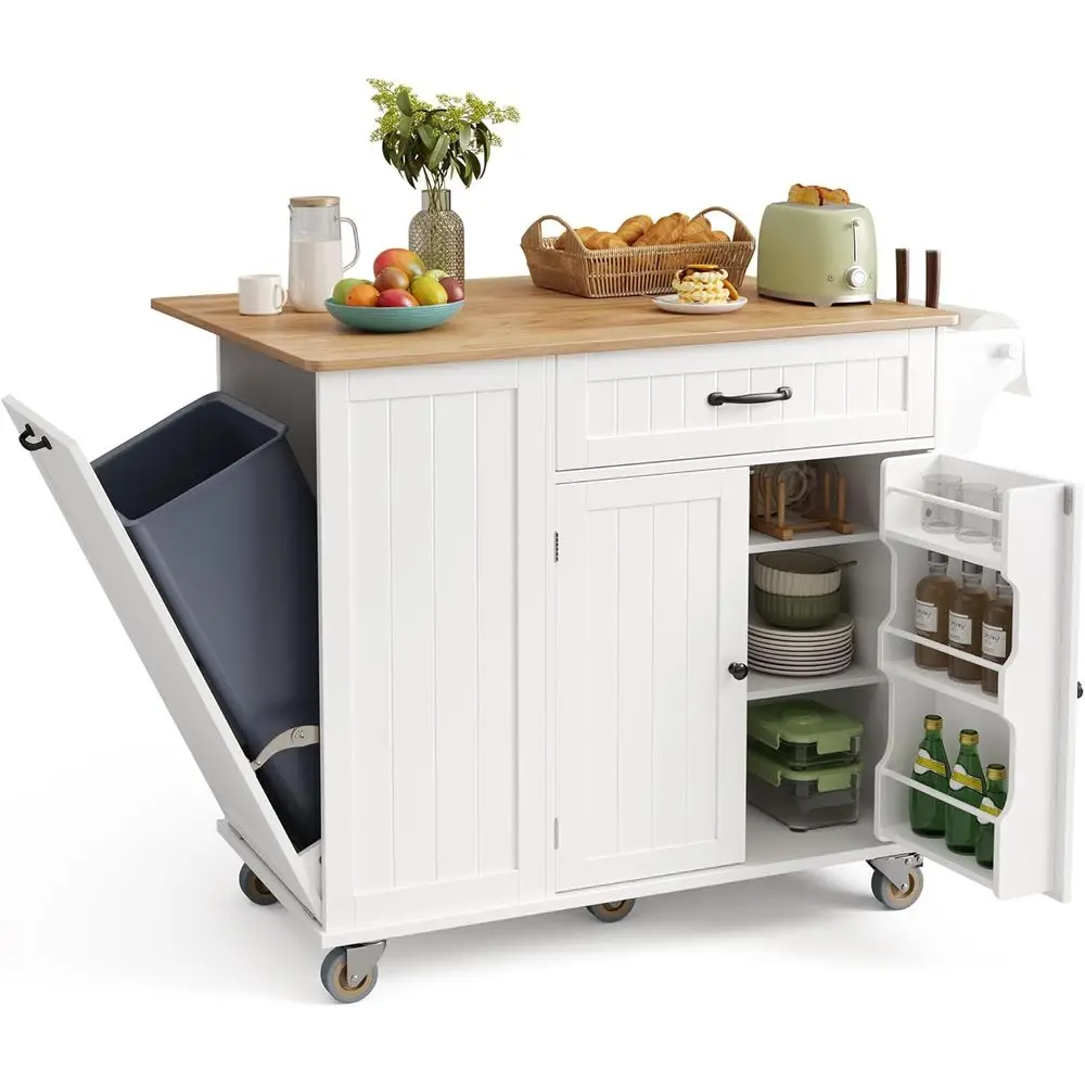 Isla de Cocina con Almacenamiento, Isla de Cocina de 44.49 Pulgadas con Almacenamiento para Botes de Basura, Tablero de Madera de Caucho, Soporte para Rodillas, Estante Ajustable