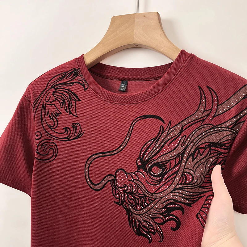 Summer Trendy Dragon Pattern Hot Drill Printing Round Neck Short-sleeved T-shirt for Men Designer Style New Casual Versatile Top