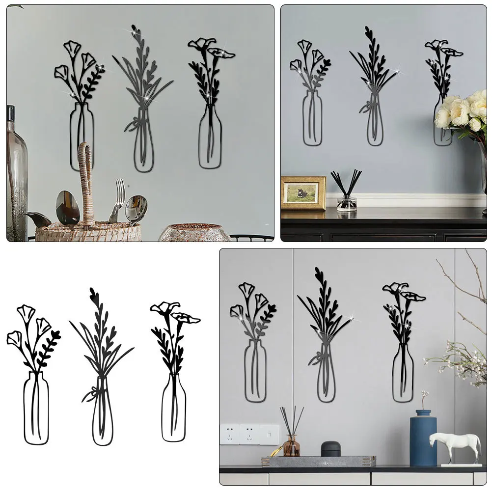 

3pcs Wall Stickers Acrylic Mirror Effect Home Wall Decorative Vase Decals Peel Stick Bedroom Adhesive Stickers Hollow Flower