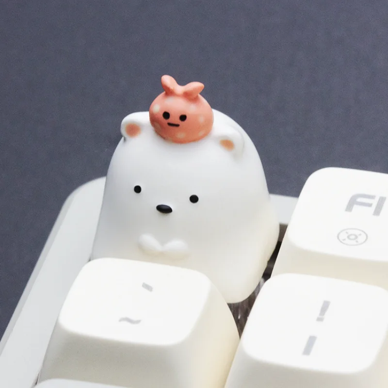 Bonito White Little Bear Keycaps, Design personalizado, Resina 3D, Teclado mecânico Keycaps, Animal dos desenhos animados, Arte, Acessórios