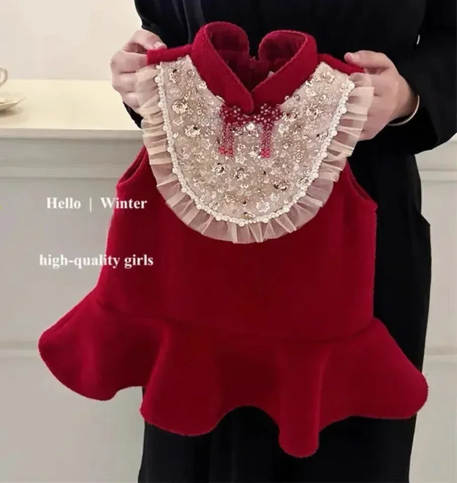 Girls Winter New Year Dress Velvet Chinese Style Cheongsam Rose Dress 2024 New Girls Baby Sweet Princess Dress