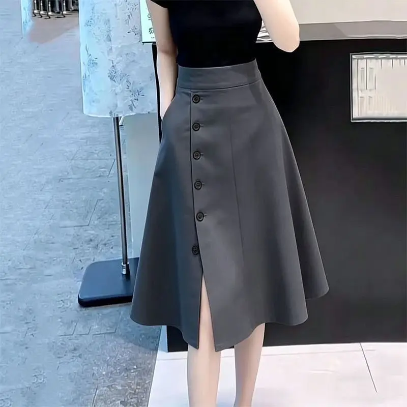 Dark gray high-waisted breasted split skirt women's 2026 summer new commuter thin medium and long A-shaped skirt