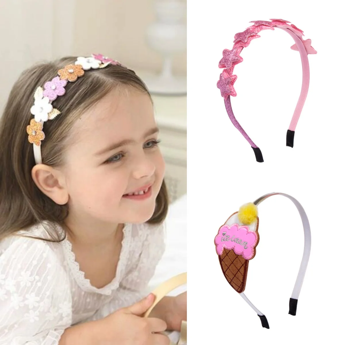 Leather Garland Girls Head Hoop Pink Stars Ice Cream Hairbands For Kids Headdress