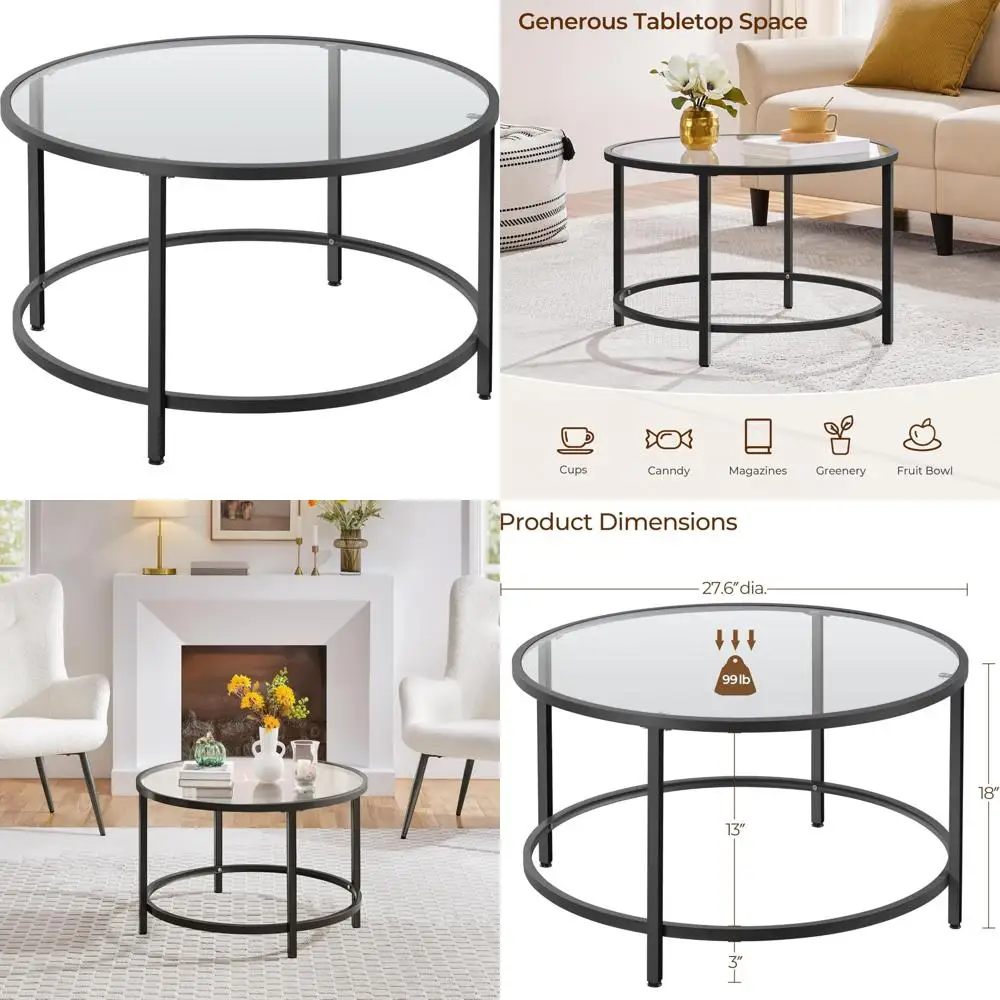 

Round Glass Coffee Table 27.6 Diameter, Sleek Living Room Center Table, Black Glass Top