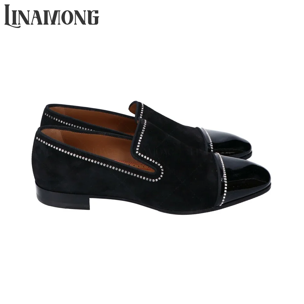 Velvet and Patent Leather Rivet Loafers Crystal Line Dress Shoes Multicolor Suede Patent Leather Rhinestone Flat Loafers for Men