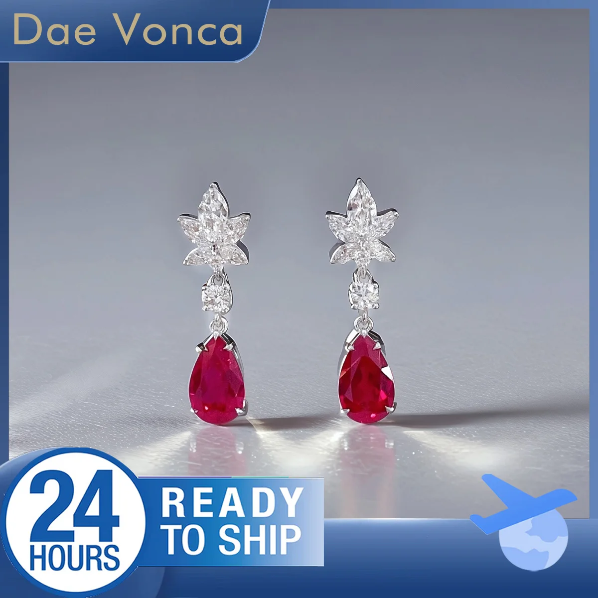 

Center Stone Pear Cut Lab Grown Ruby Earrings 18K White Gold Snowflake Shaped Lab Diamond Accented Earrings Fine Gift for Wife