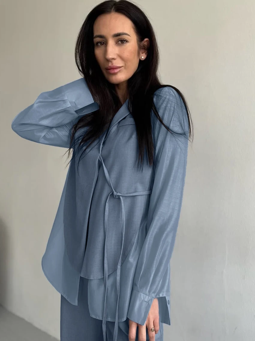 Marthaqiqi Casual Female Pajamas Suit Turn-Down Collar Nightie Long Sleeve Sleepwear Lace Up Nightwear Pants Loose Nightgown Set