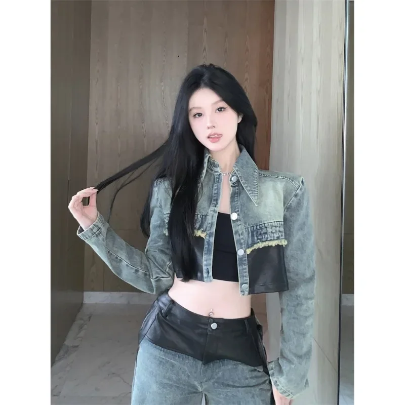 American Spicy Girl Denim Patchwork Coat Wide Leg Pants Two Piece Set Women Lapel Single Breasted Tassel Cool Autumn Lady Suit