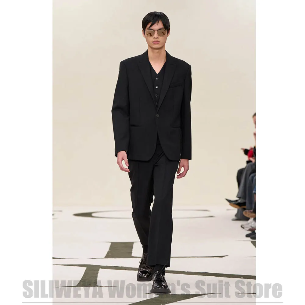 Men Black Three Piece Suit Blazer Vest Pants Runway Formal Wedding Prom Party Tuxedo Business Casual Male Trendy Daily Outfit