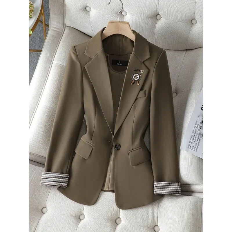 Blazer hitam coklat wanita, mantel kasual Khaki musim semi musim gugur lengan panjang kancing tunggal polos