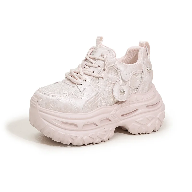 

2026 Spring Autumn Chunky Sneakers Women Platform Sports Dad Shoes Woman Goth Thick Bottom High Heels Female Leather Sneaker 9CM