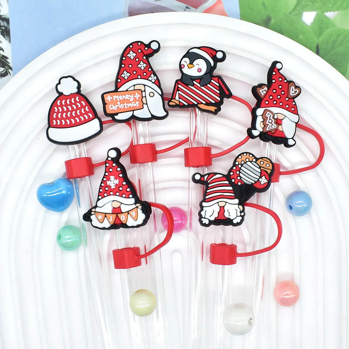 Christmas Straw Topper Straw Cover Cap Santa Snowman Reindeer Christmas Tree Holiday Straw Protector Dustproof Cup Accessories