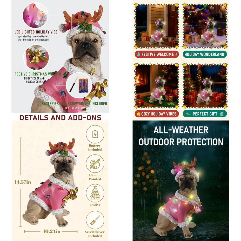 

Pink Christmas Decor Bulldog Statue with Santa Hat and LED Lights for Home and Outdoor Use