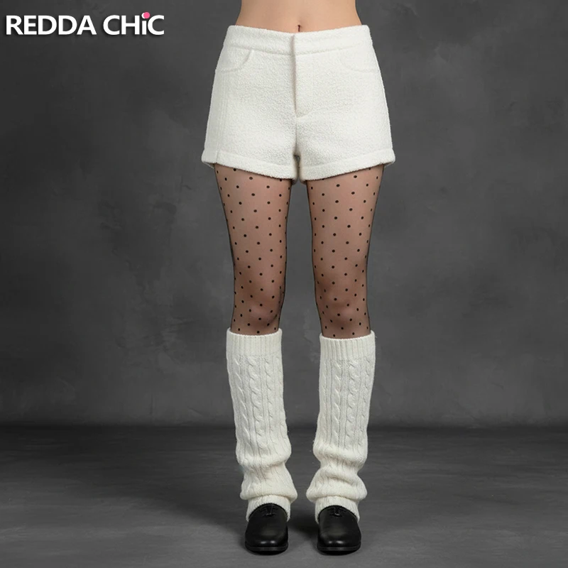 REDDACHiC Cream-white Fluffy Sherpa Shorts Lounge Winter Fleece Straight Low Rise Pockets Split Cuffs Bootyshorts Women Bottoms