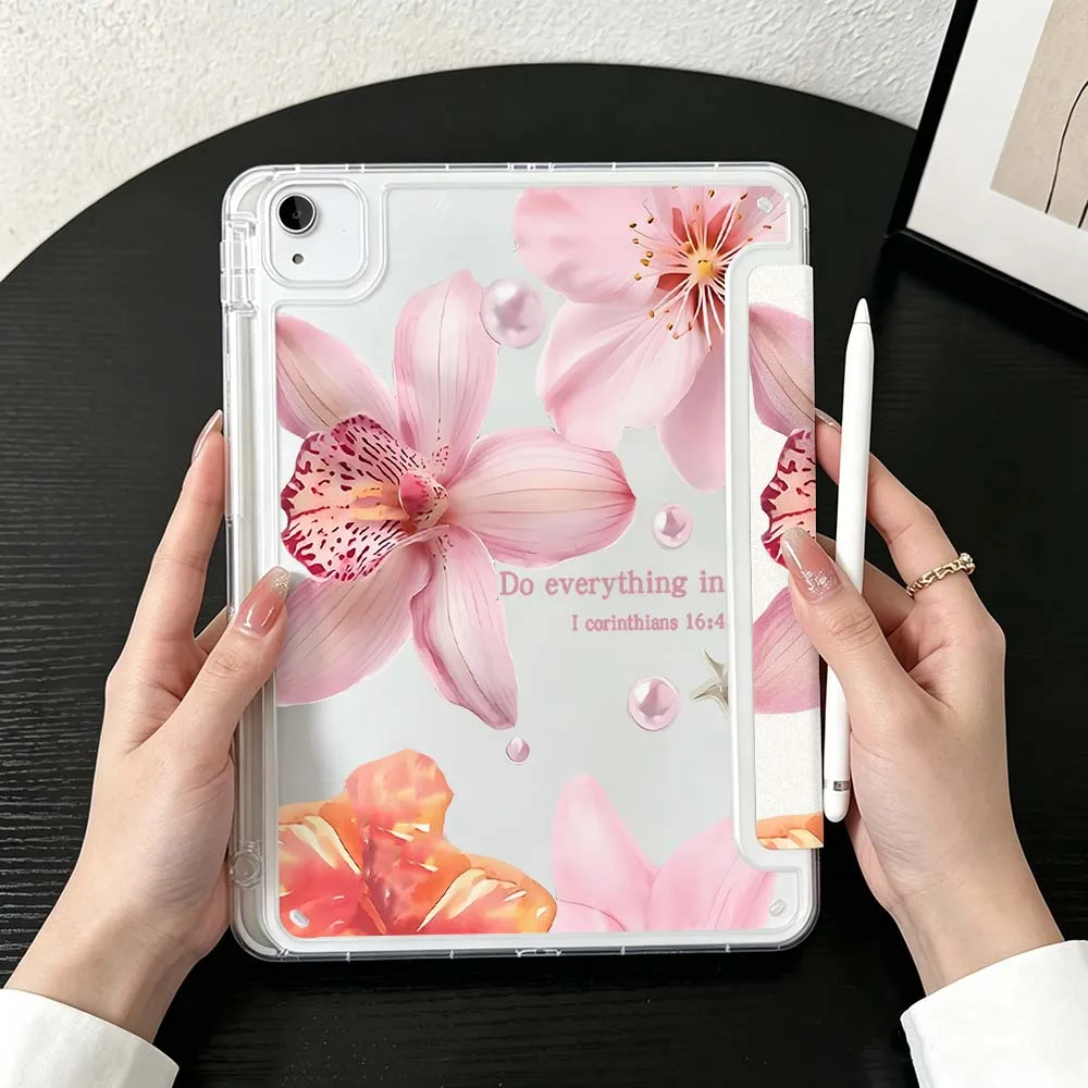 Pink Orchid Flower Petal For iPad Mini Pro Air 5 6 7 8 9 10th 11th 11 9.7 10.9 13 inch Transparent Y-Shaped Folding Tablet Case